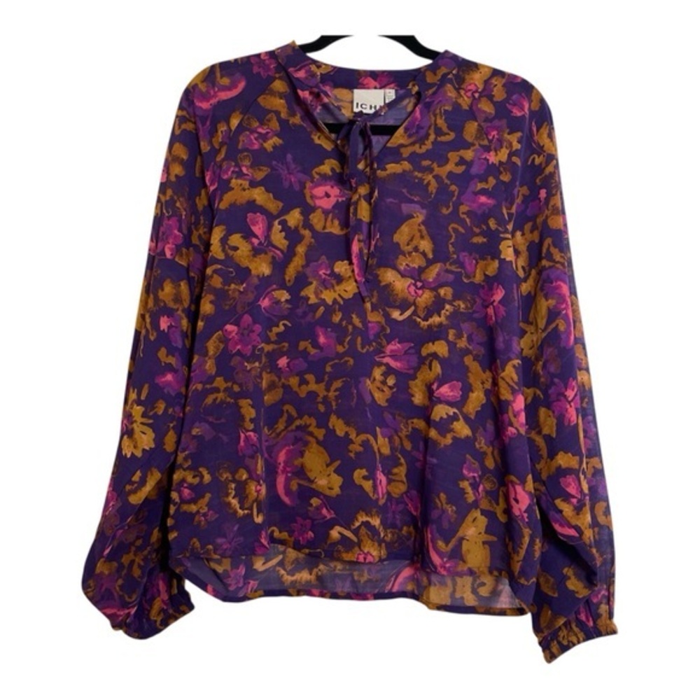Ichi Sz 34 Sheer Boho Floral Blouson Sleeve Blouse with V-Neck Tie Elastic Cuff